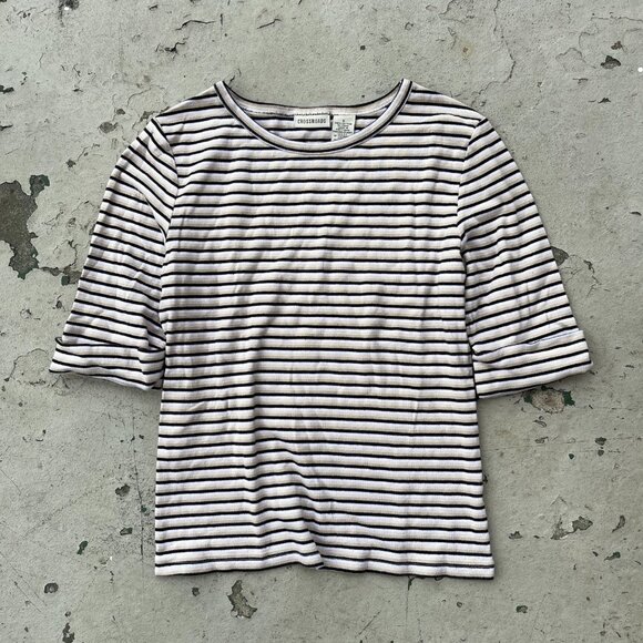 Striped Scoop Neck Top with Cuffed Quarter Length Sleeves - Picture 6 of 10